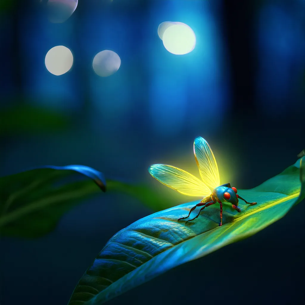 A firefly all lit up on a leaf