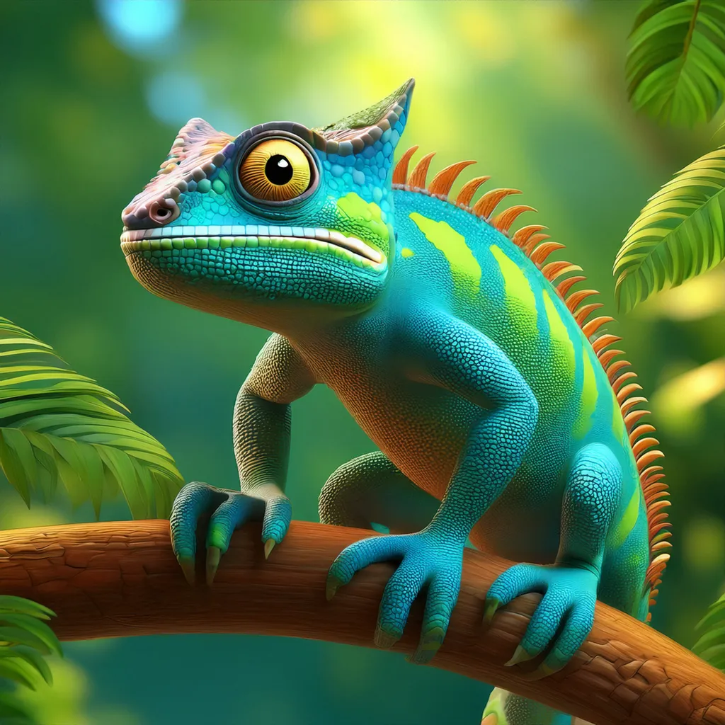 A cute chameleon holding onto a tree branch
