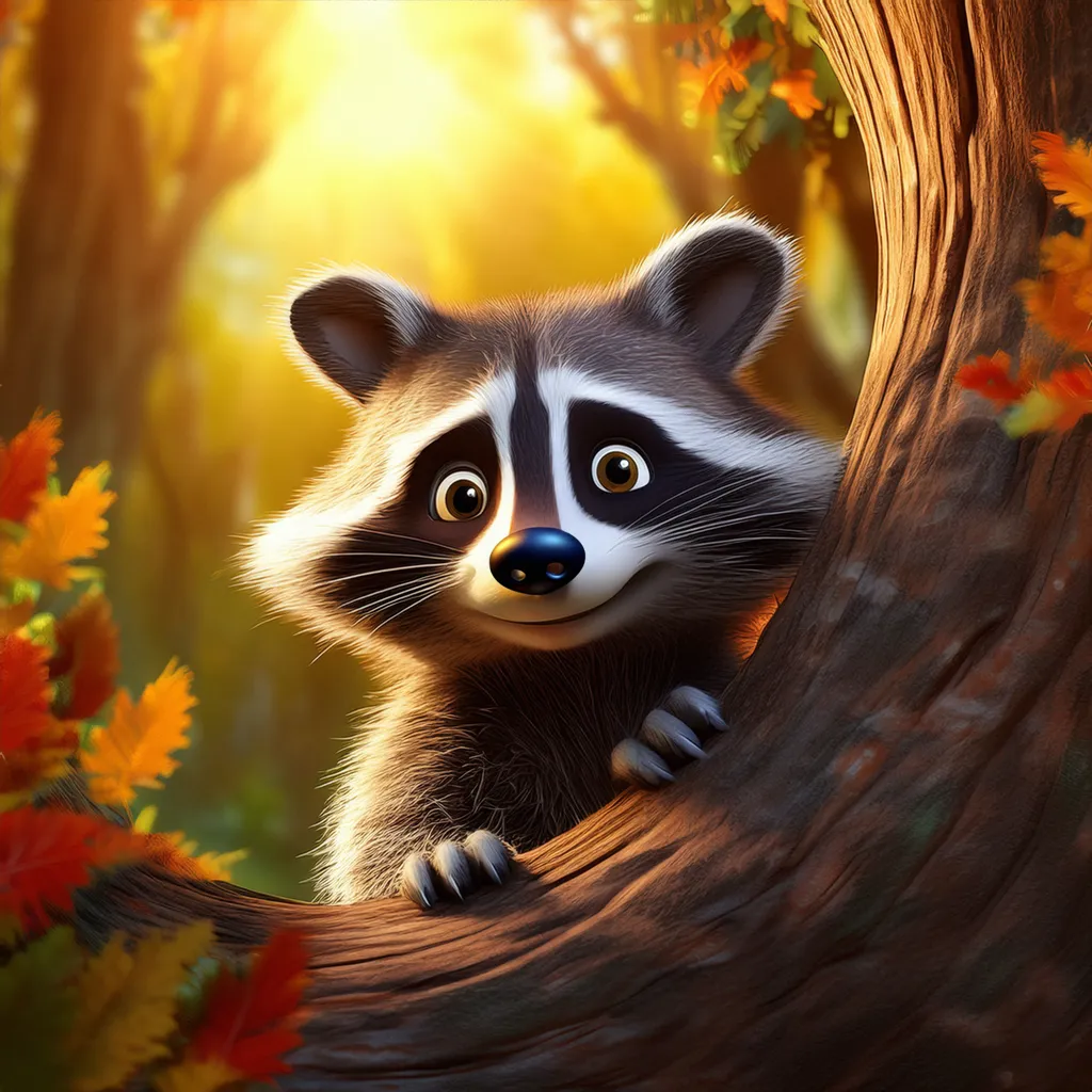 A happy curious raccoon looking insiade a log