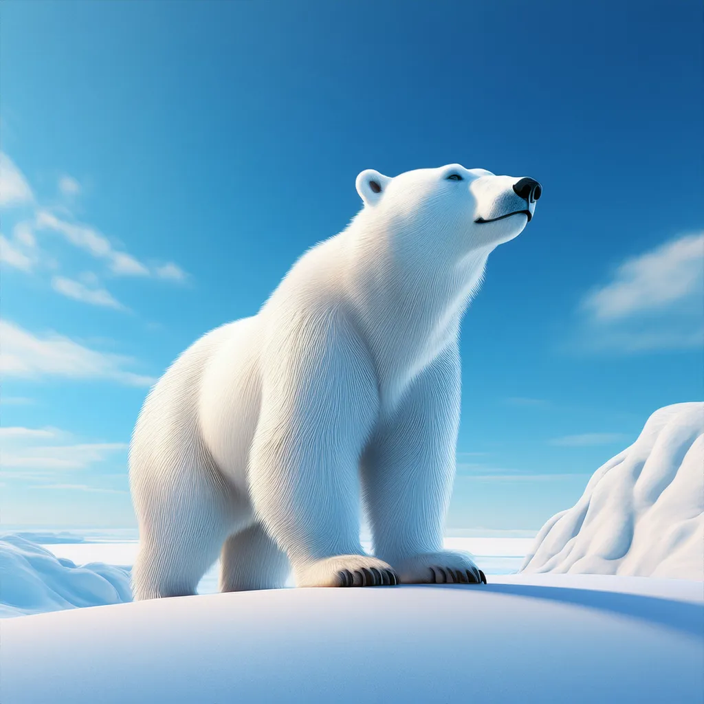 A large polar bear standing on ice looking away