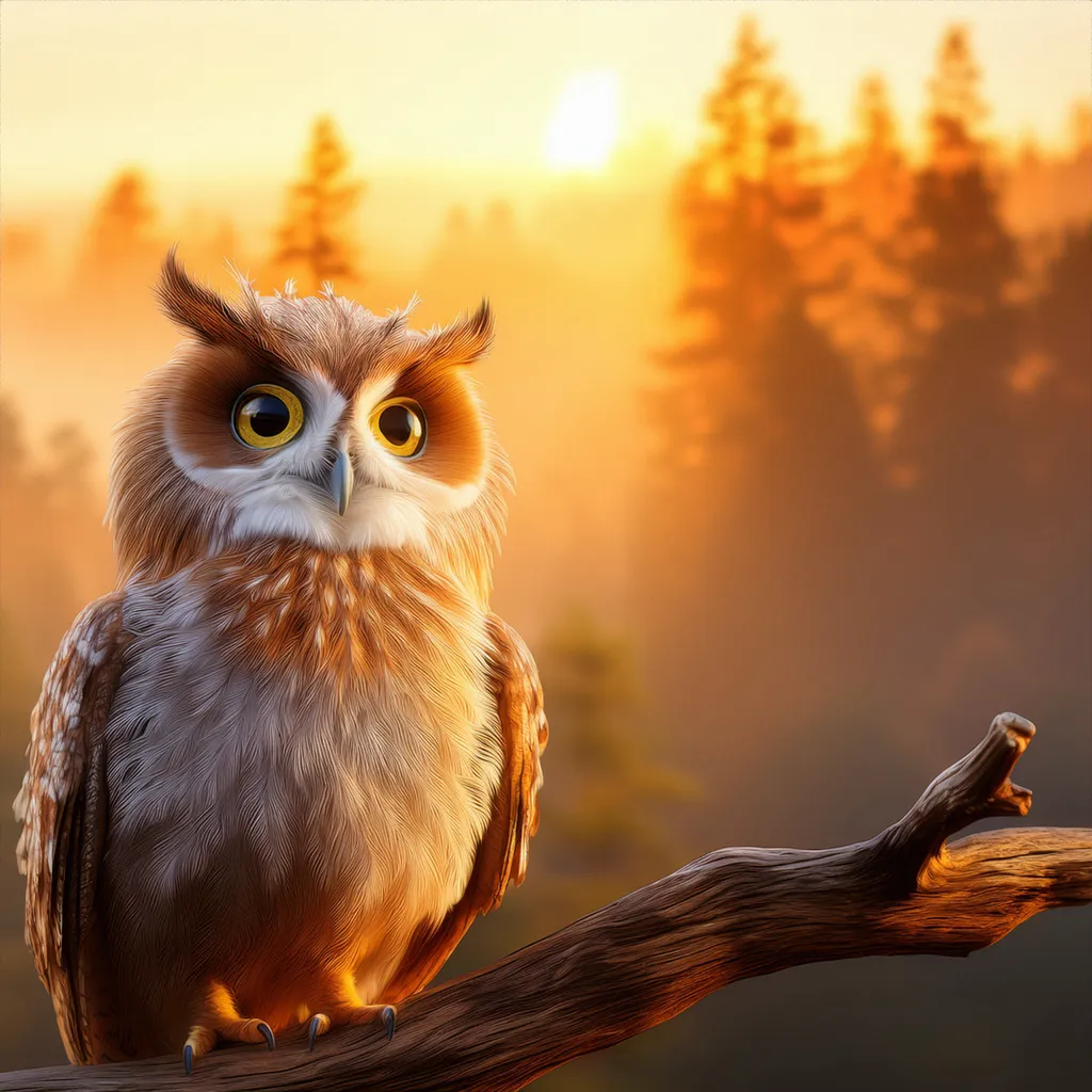 An owl at sunset while sitting on a tree limb