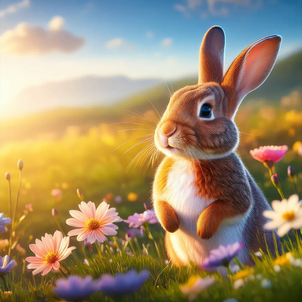 A curious young rabbit in a field of flowers