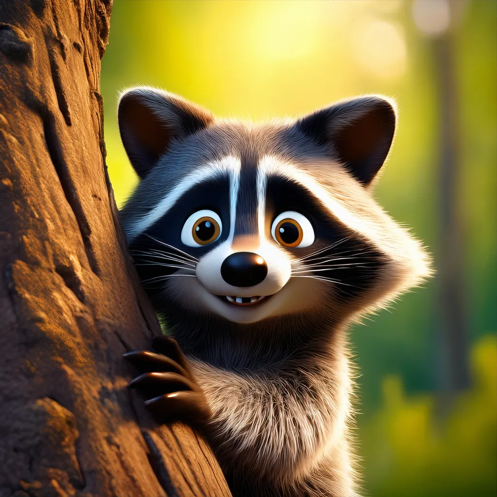 A smiling raccoon holding on to a tree
