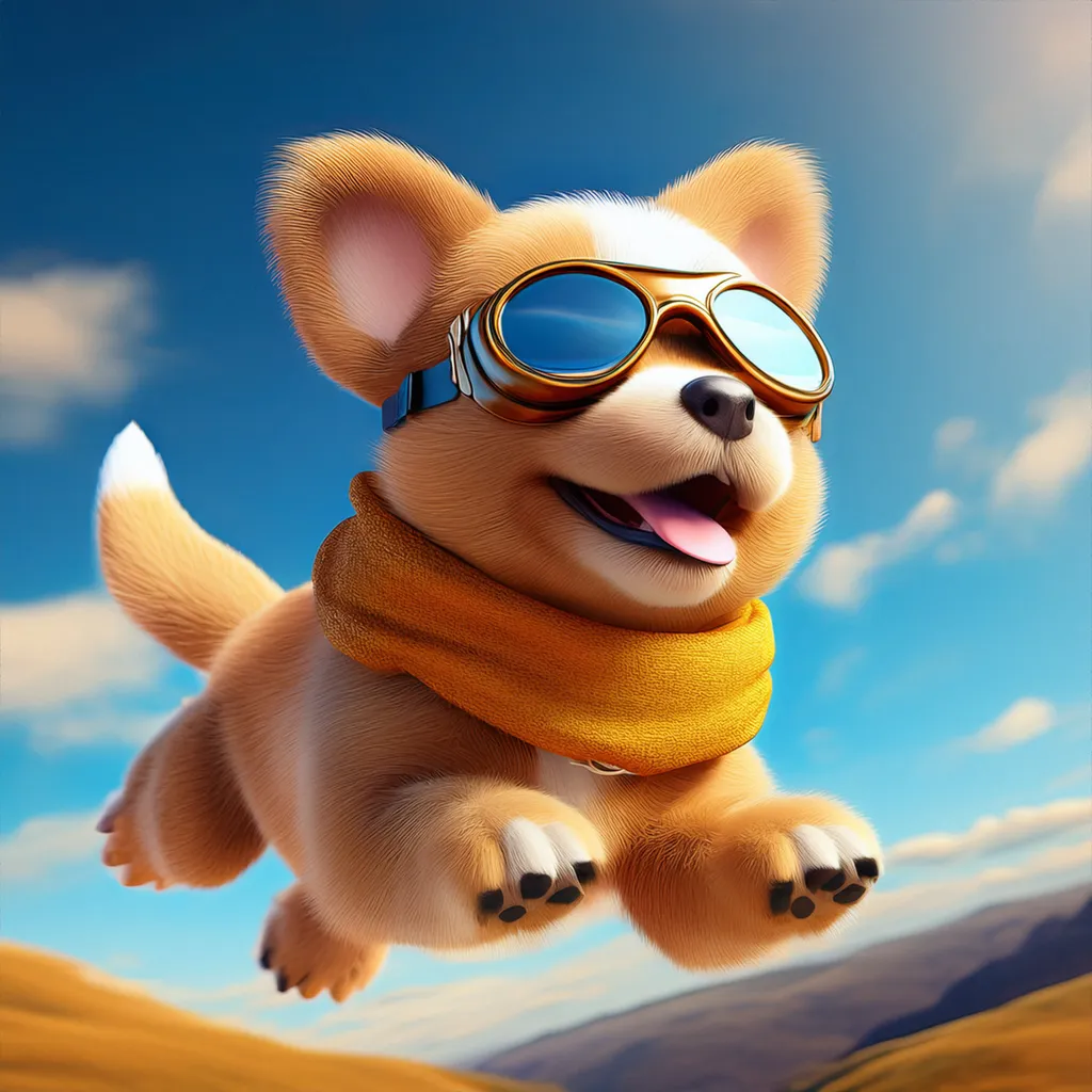 A dog jumping with goggles and a scarf