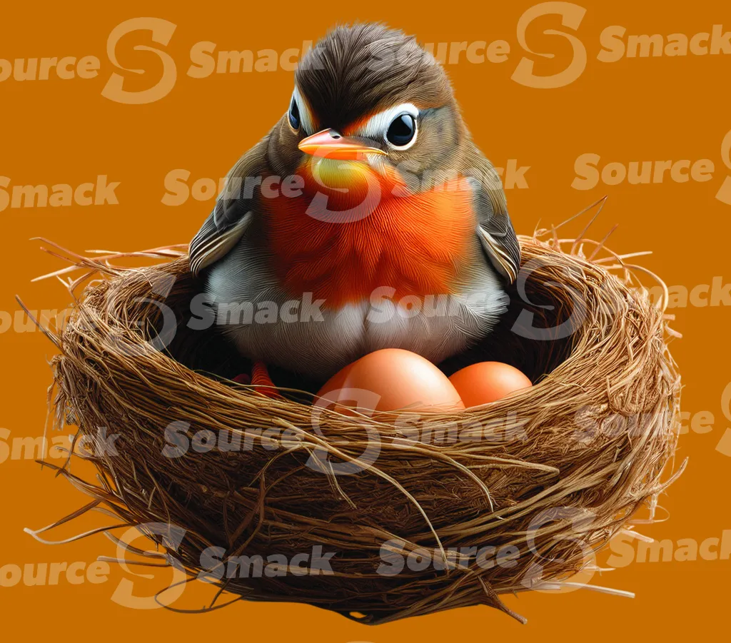 Robin mother in a nest with eggs clipped as a transparent image