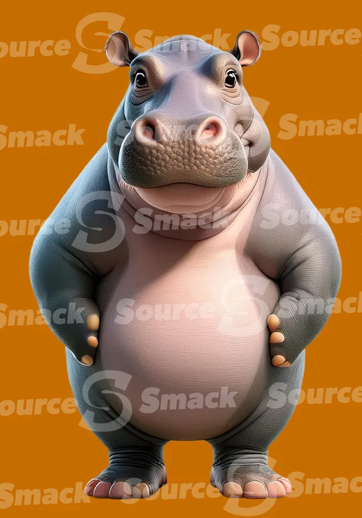 A cartoon hippo standing with feet on hips clipped as a transparent image