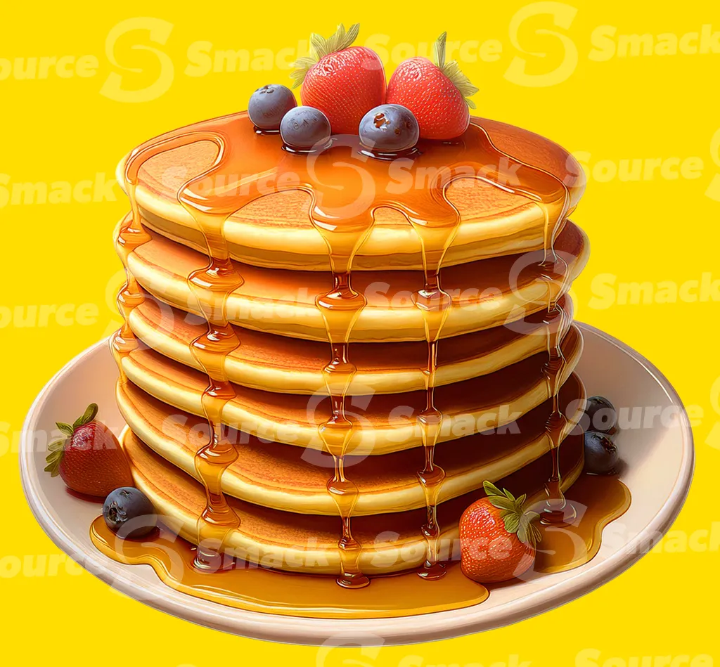 A plate of pancakes with strawberries and blueberries smothered in syrup clipped as a transparent image