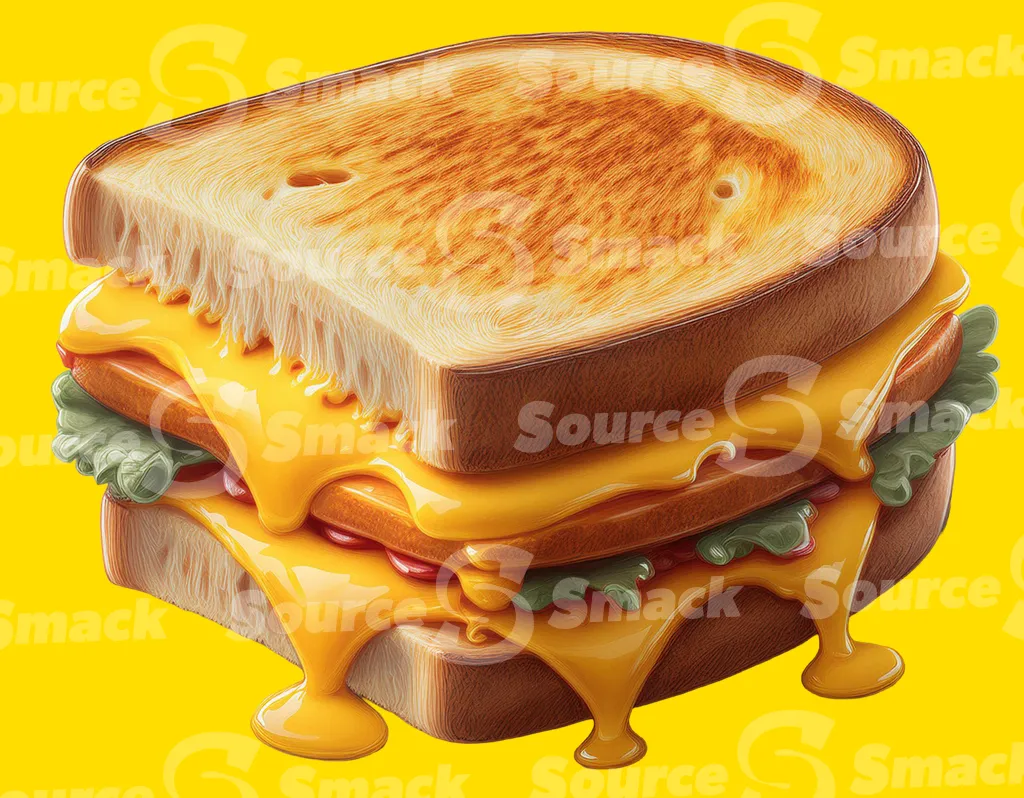 A grilled melted cheese and meat sandwich with lettuce and tomato clipped as a transparent image