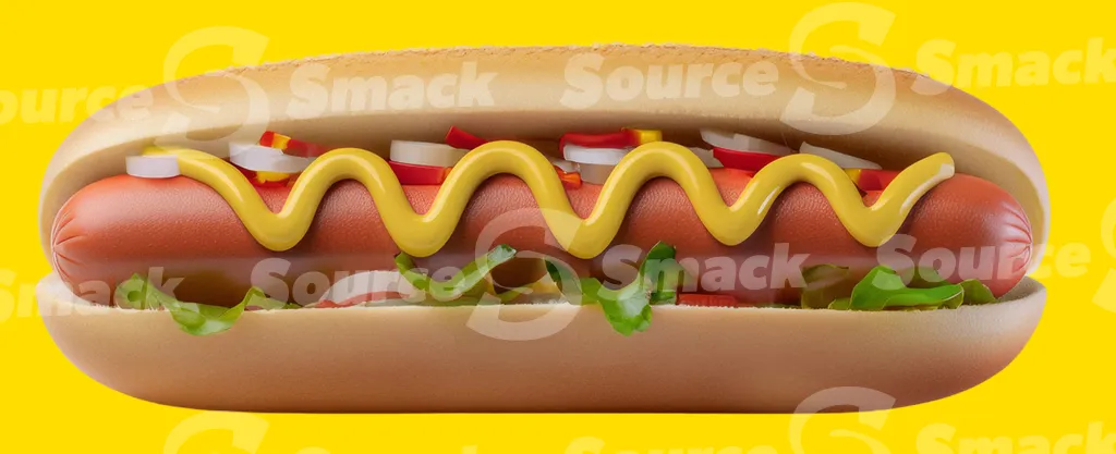 A hotdog with mustard, relish, pickles, hot peppers, lettuce and onions clipped as a transparent image