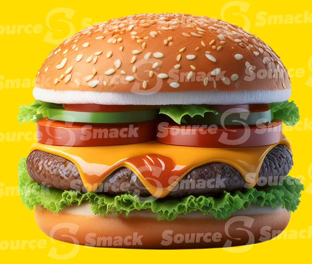 A single cheese burger with sauce, lettuce, cucumber, tomato, onion and ketchup clipped as a transparent image