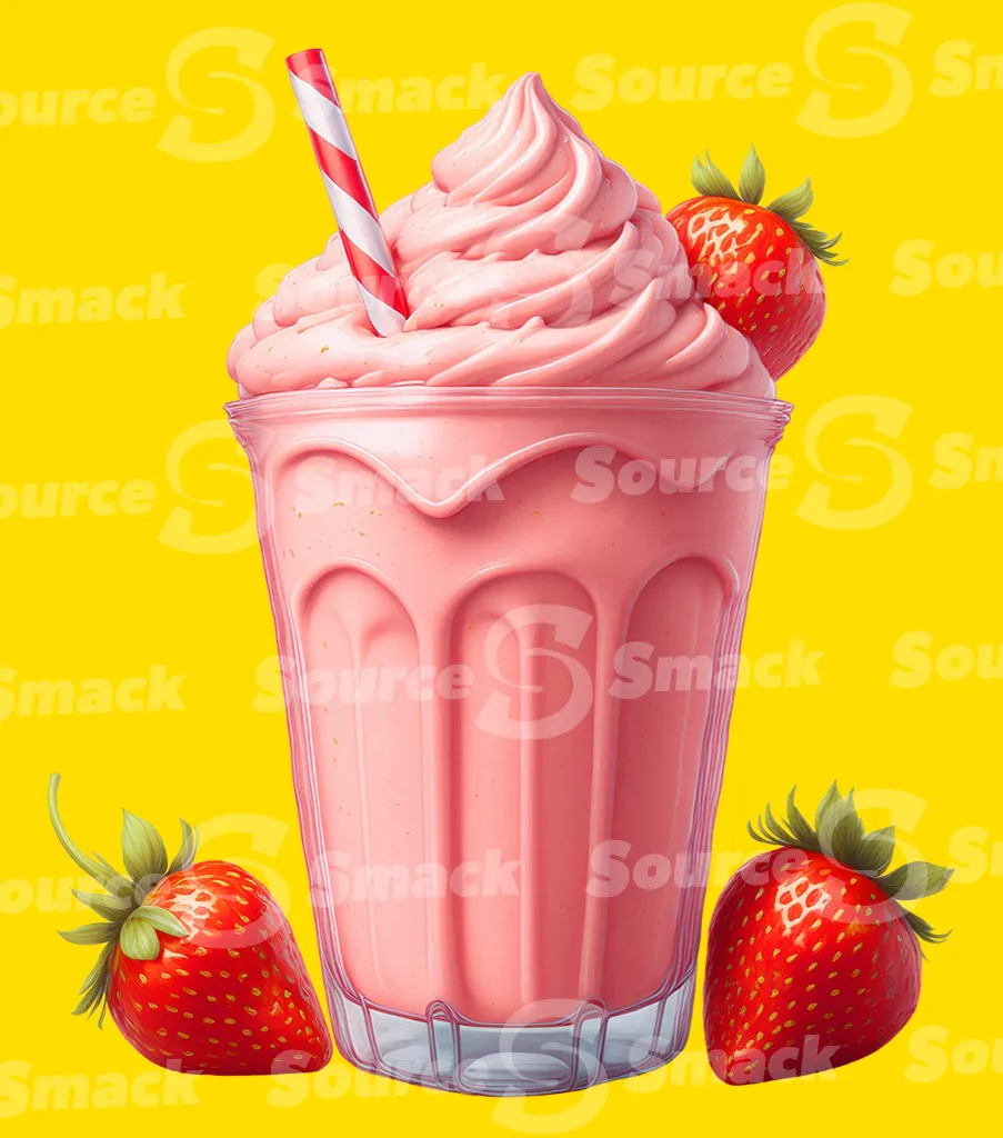 A large strawberry milkshake with a straw and extra strawberries clipped as a transparent image