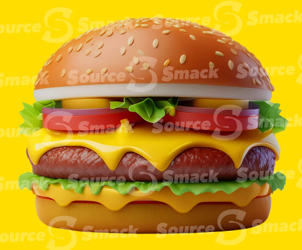 A single cheese burger with sauce, lettuce, yellow peppers, tomato, onion and mustard clipped as a transparent image