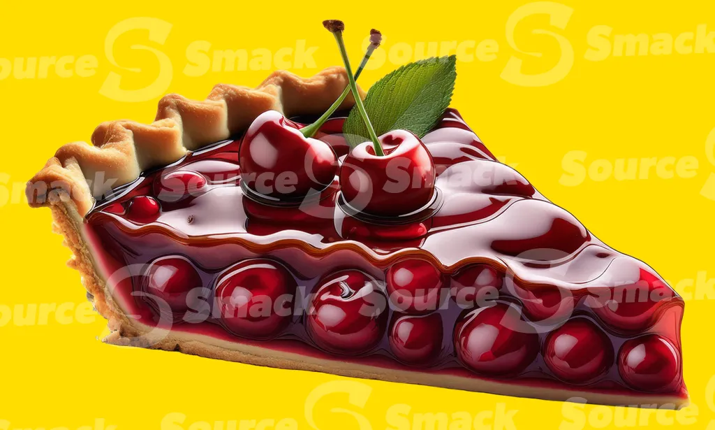 A slice of cherry pie with a mint leaf clipped as a transparent image