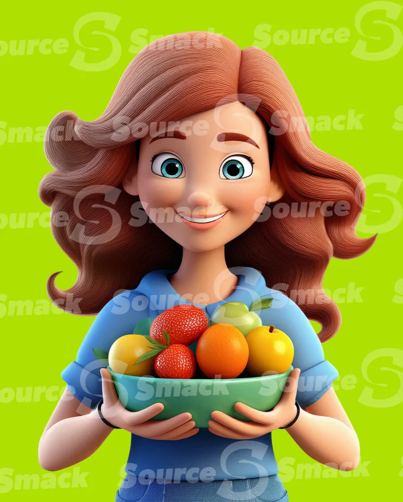 A female holding a bowl of fruit clipped as a transparent image