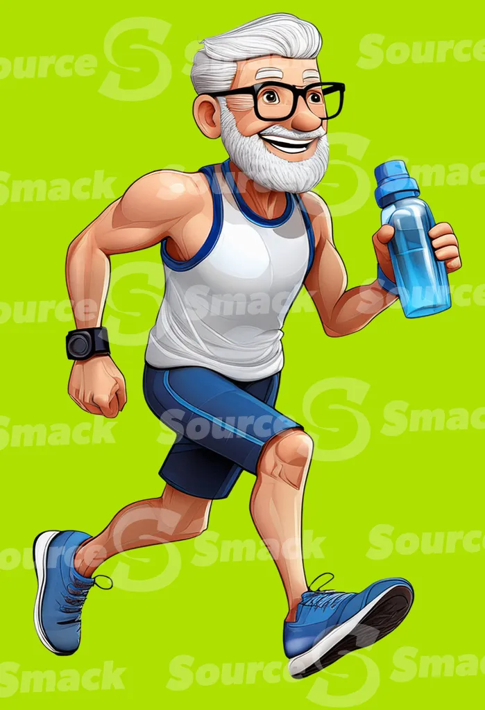 A old man running with a water bottle clipped as a transparent image