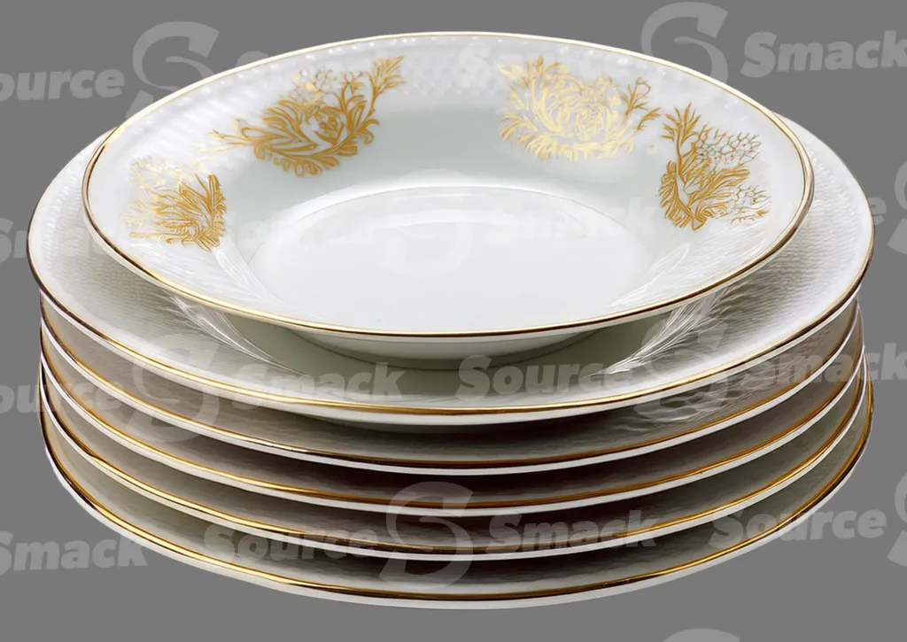 A stack of chinaware plates clipped as a transparent image