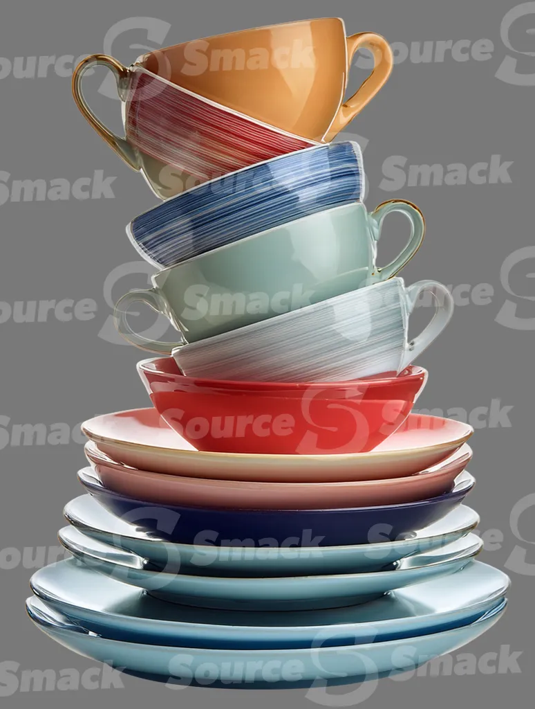 A stack of porcelin plates, bowls and cups clipped as a transparent image