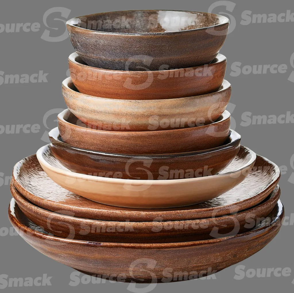 A stack of earthware bowls and plates clipped as a transparent image