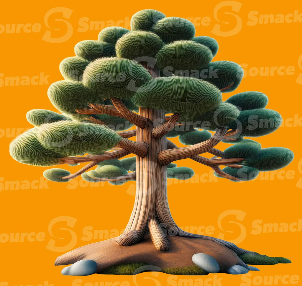 A cartoonish representation of a conifer tree clipped as a transparent image