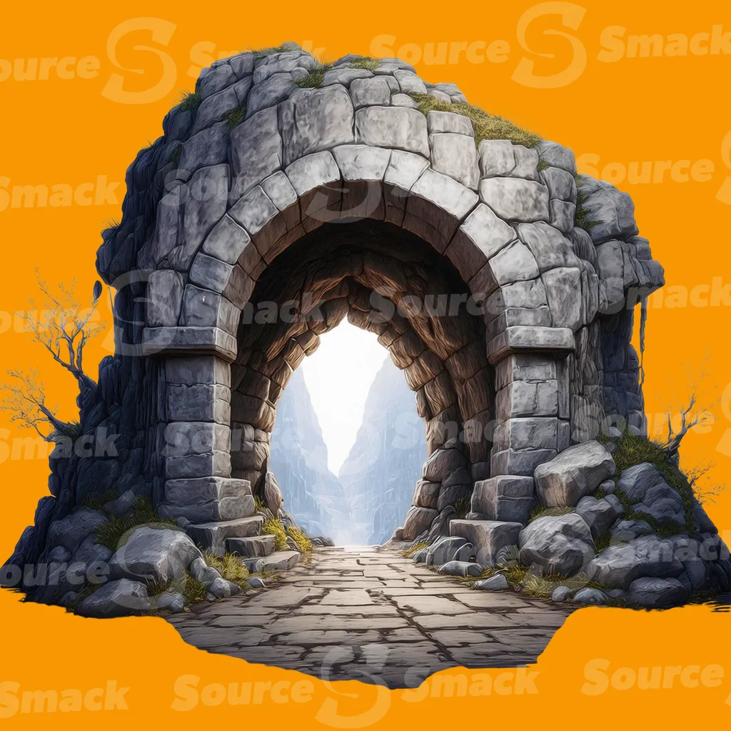 A stone archway set within a rocky structure clipped as a transparent image
