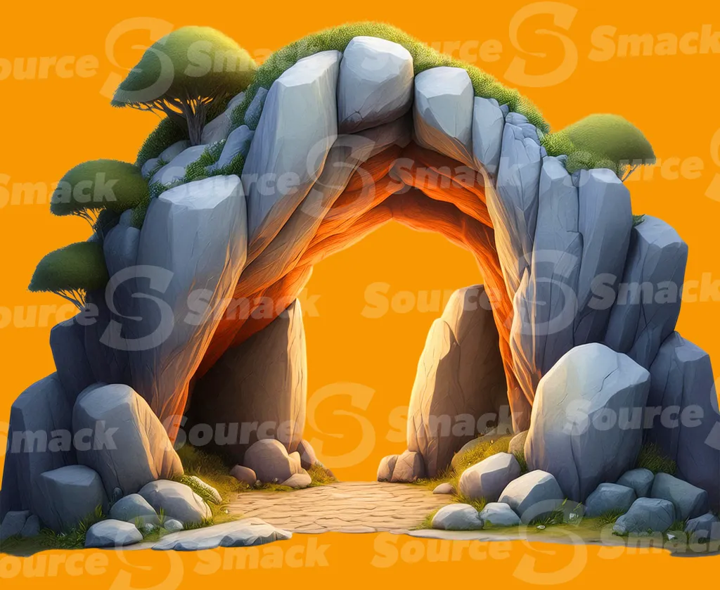 A glowing stone archway set within a rocky structure clipped as a transparent image