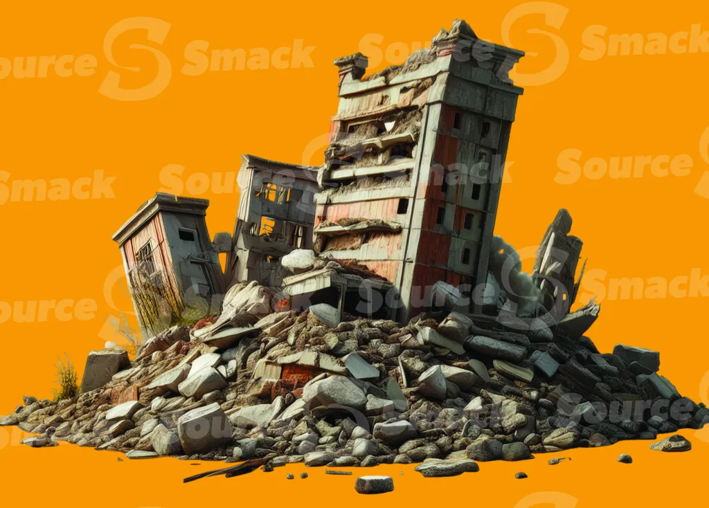 An apartment complex reduced to rubble clipped as a transparent image