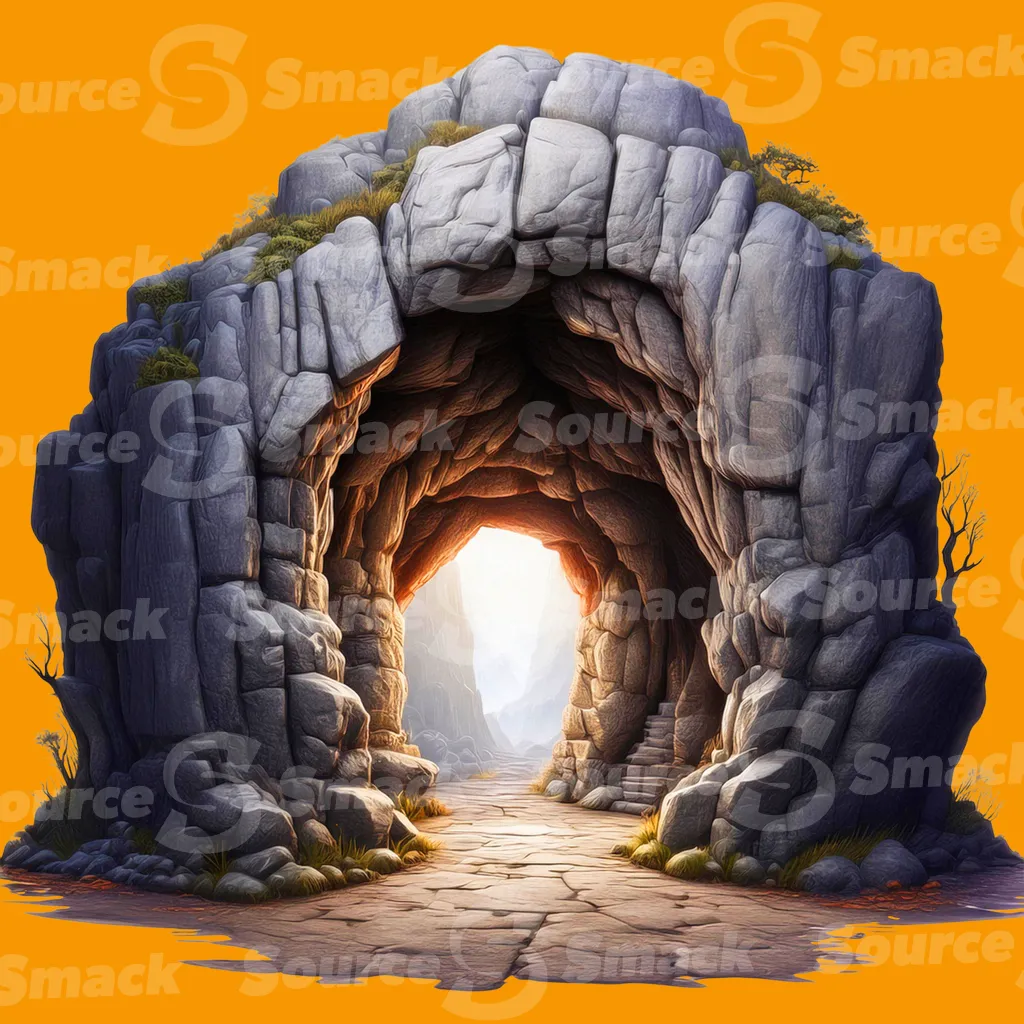A rugged stone archway set within a rocky structure clipped as a transparent image