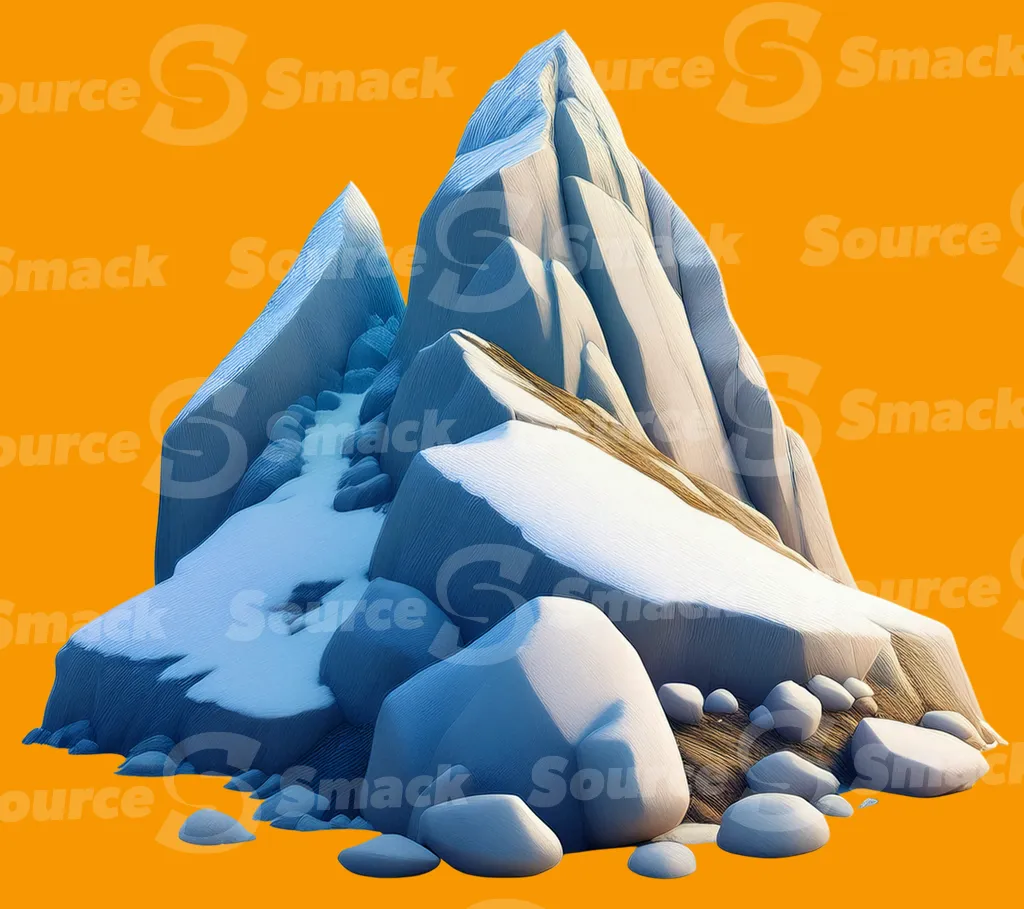 An artistic cutaway illustration of a snow capped mountain range clipped as a transparent image