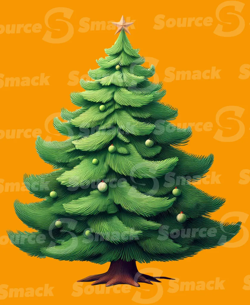 A spruce tree with some ornaments and a gold star on top clipped as a transparent image