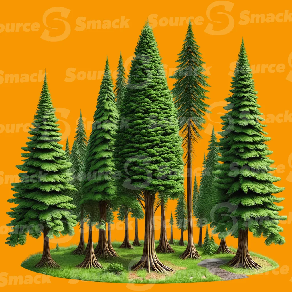 A cut away of a tall tree forest with a trail running through clipped as a transparent image