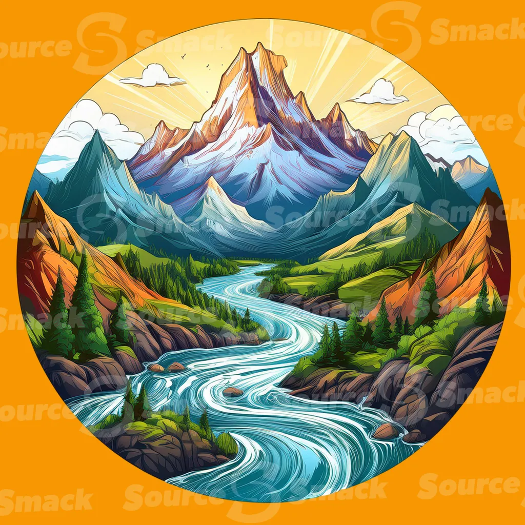 A stylized mountain landscape illustration framed in a circular composition clipped as a transparent image