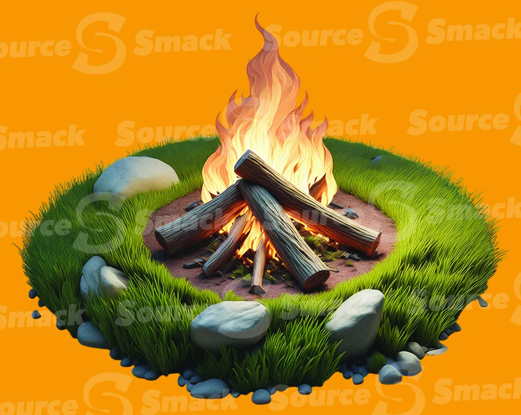 A campfire on the grass clipped as a transparent image
