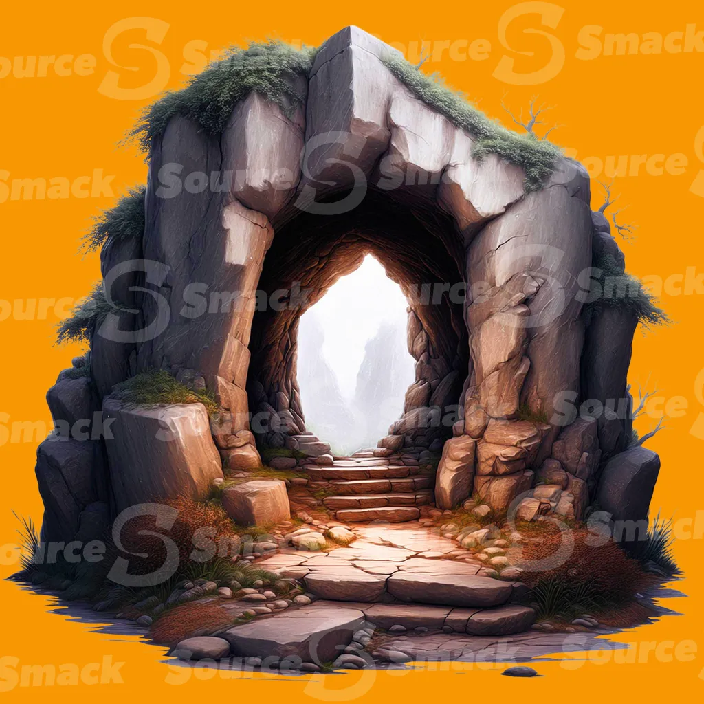 A stone archway with steps set within a rocky structure clipped as a transparent image