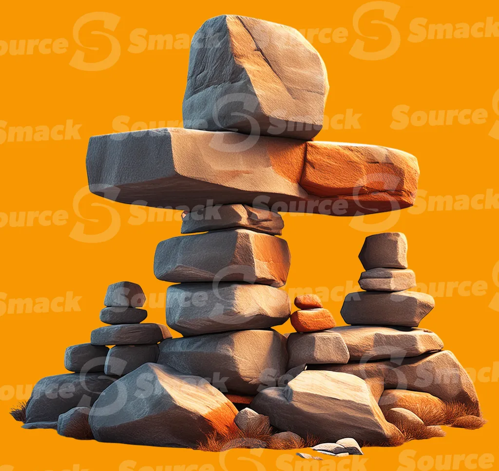 A number of Inukshuk human-made stone landmarks clipped as a transparent image