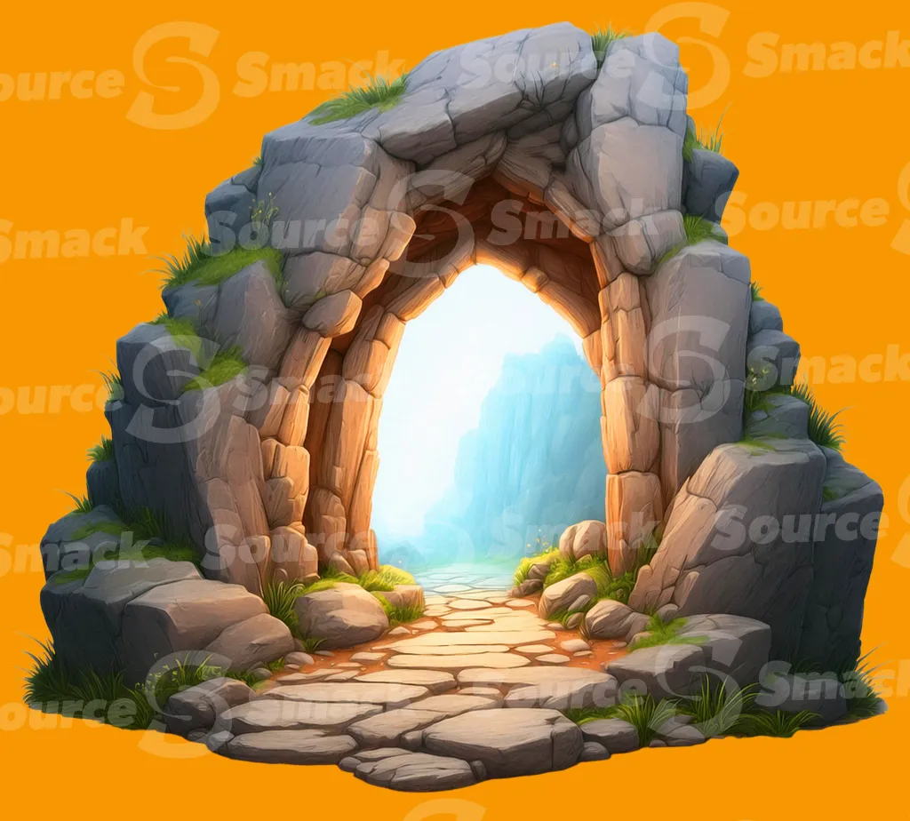 A glowing stone archway set within a rocky structure clipped as a transparent image