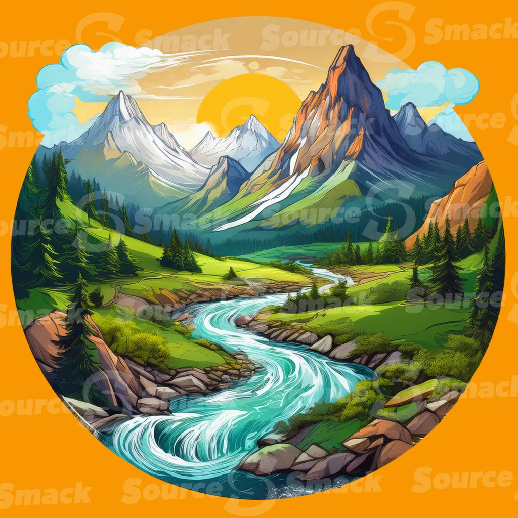 A stylized mountain landscape illustration framed in a circular composition clipped as a transparent image