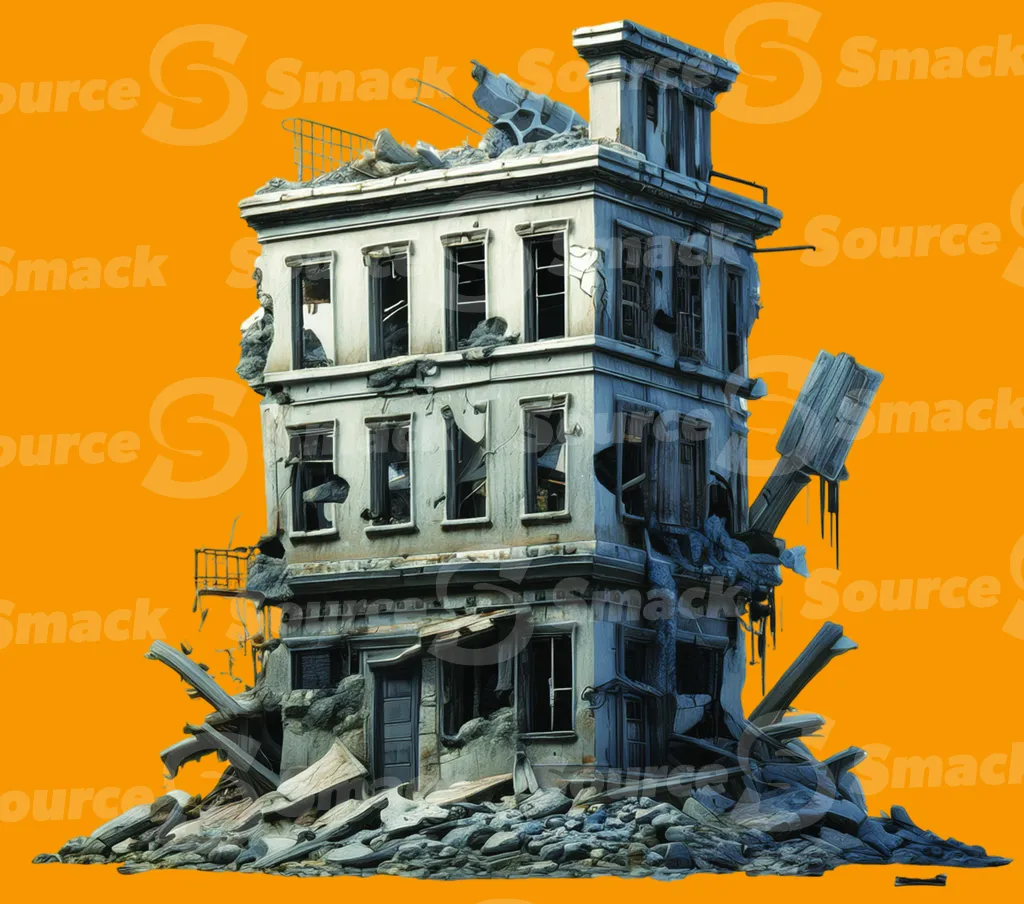 An old building complex reduced to rubble clipped as a transparent image