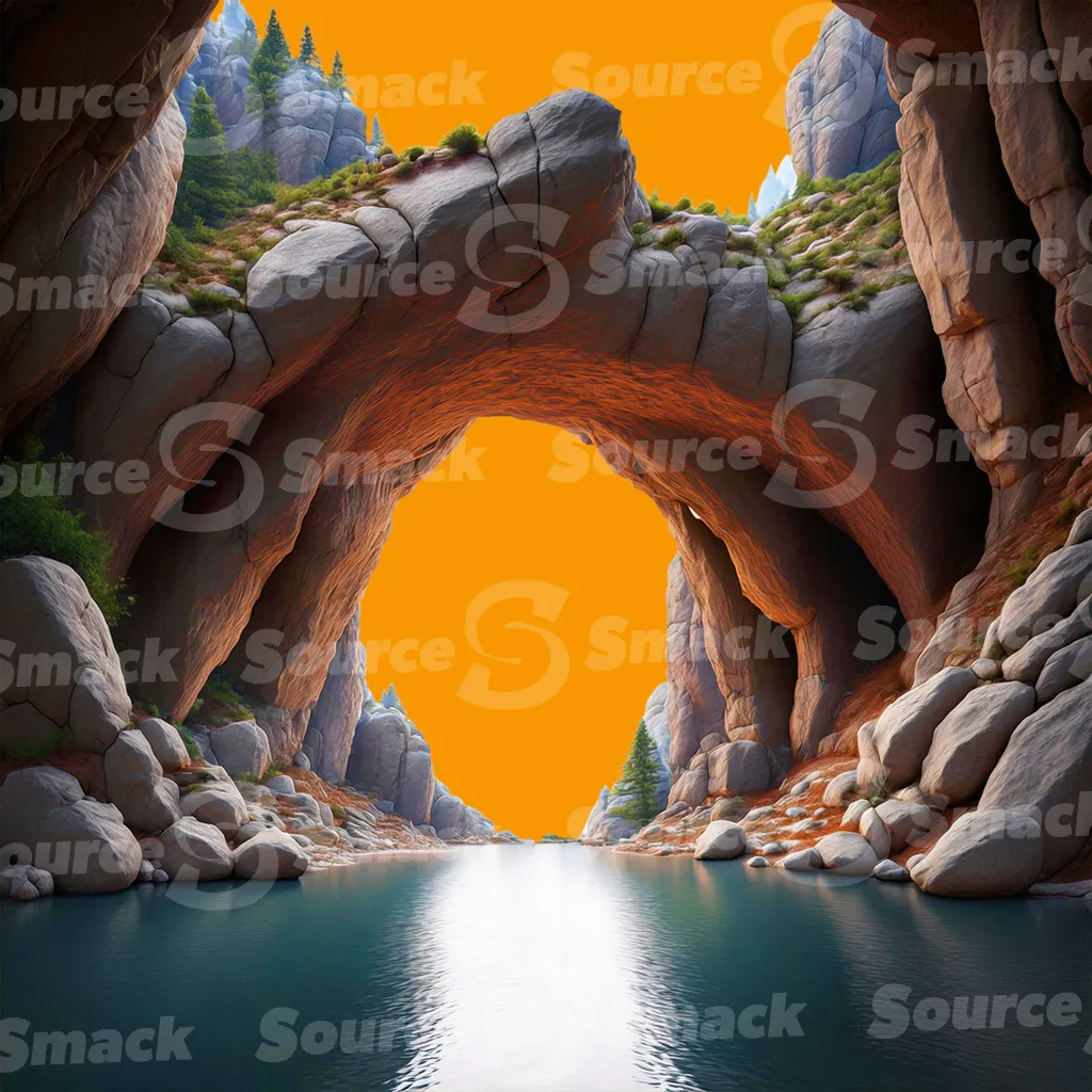 A stone archway set within a rocky structure with a river running through it clipped as a transparent image