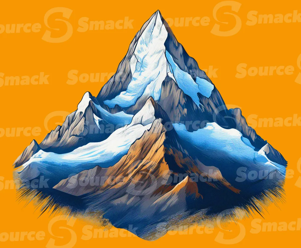 An artistic cutaway illustration of a snow capped mountain range clipped as a transparent image
