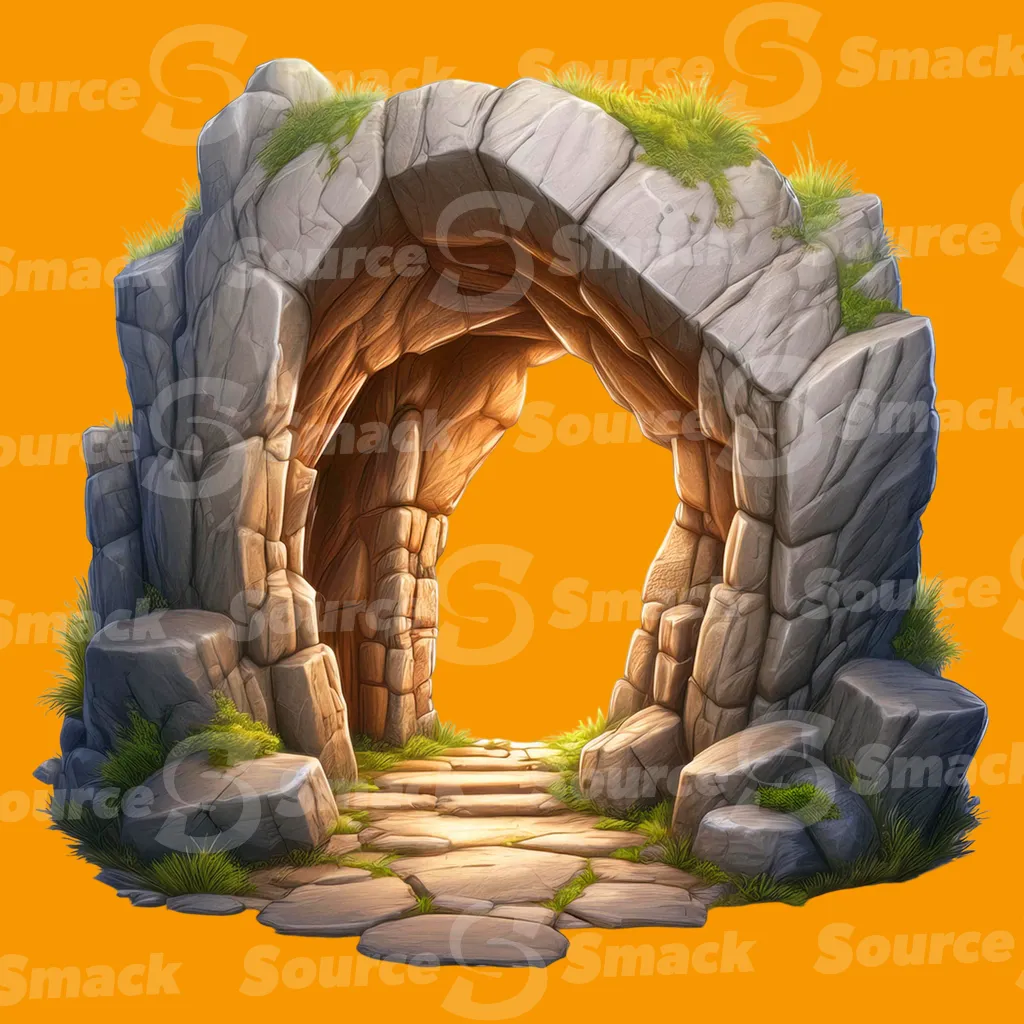 A stone archway set within a rocky structure clipped as a transparent image
