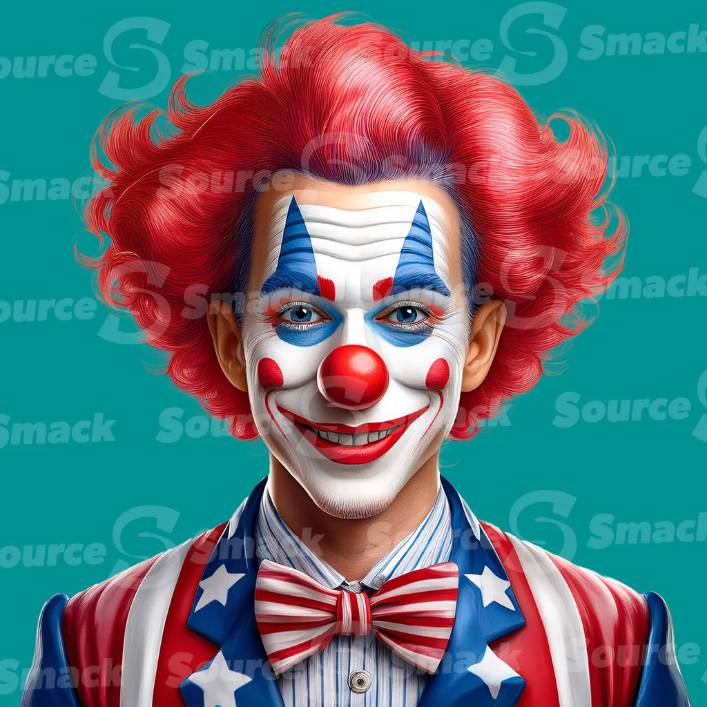 A comical clown dressed in american-style clothing clipped as a transparent image