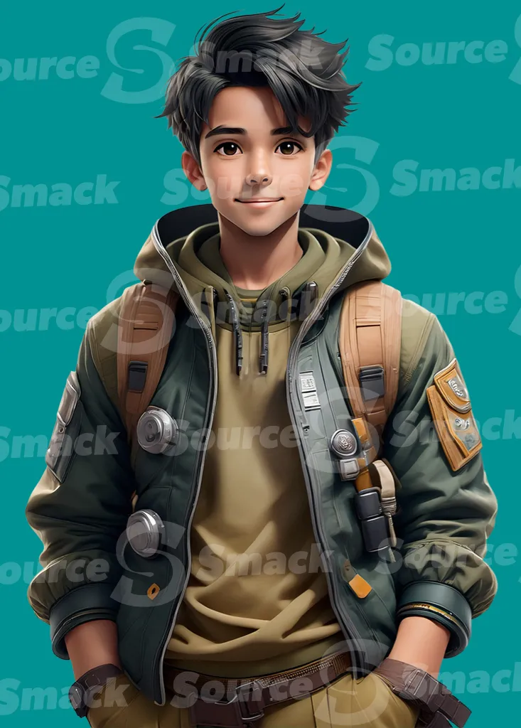 A young spanish teen wearing futuristic Arcane-style clothing standing clipped as a transparent image