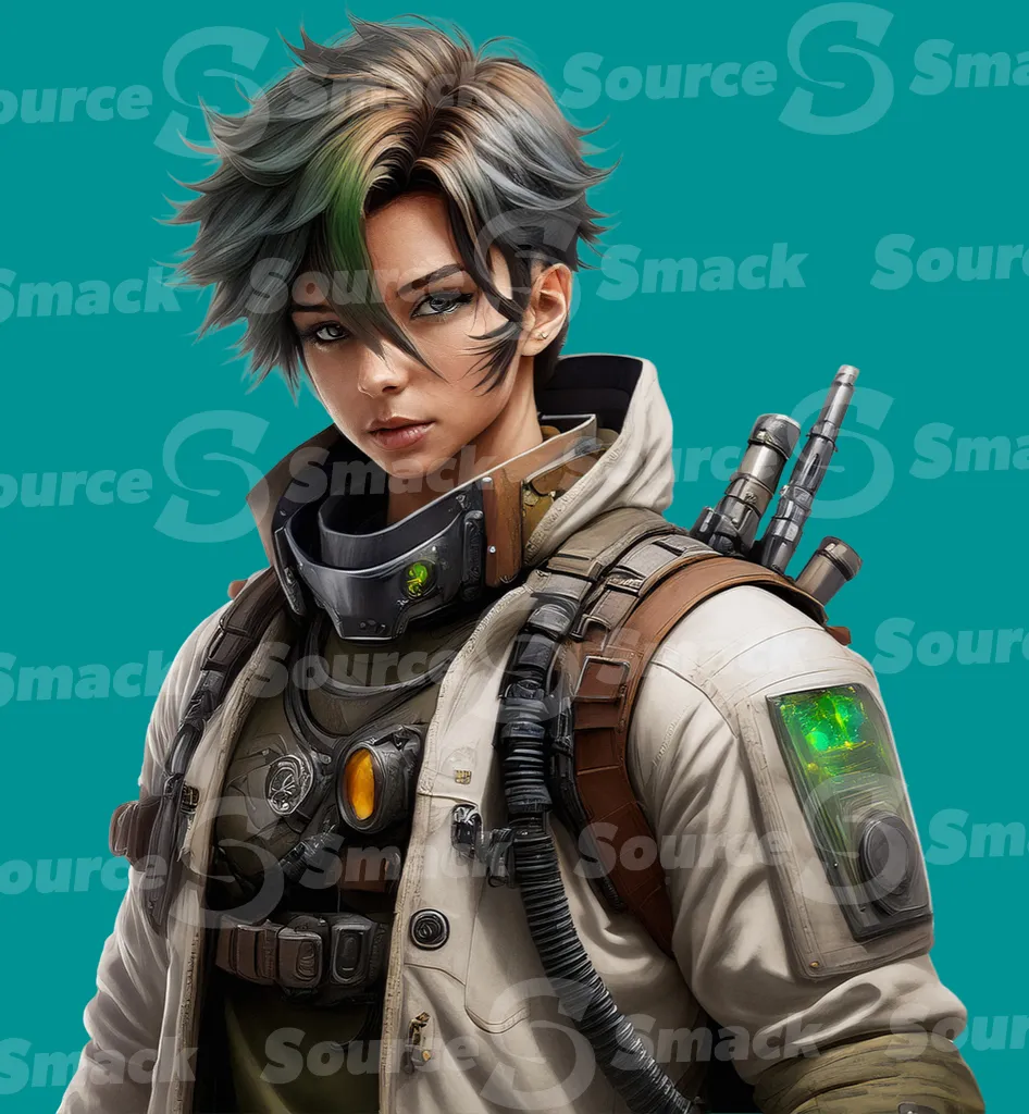 A young asian teen male wearing futuristic Arcane-style clothing with weapons standing clipped as a transparent image