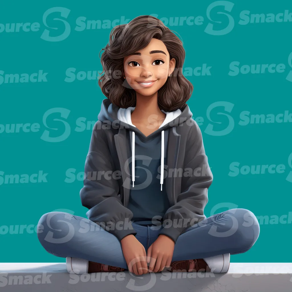A happy young black female teen sitting cross legged on a curb clipped as a transparent image