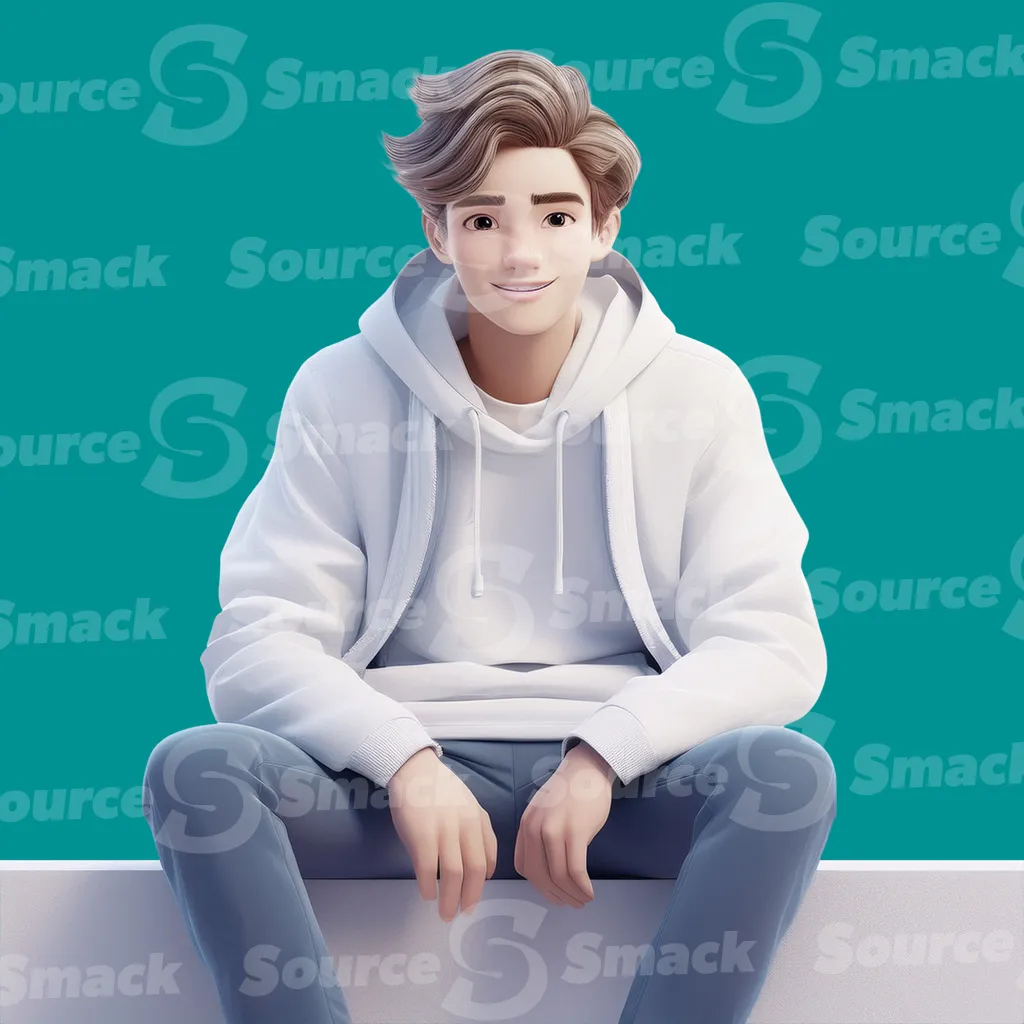 A smiling young male teen sitting on a curb clipped as a transparent image