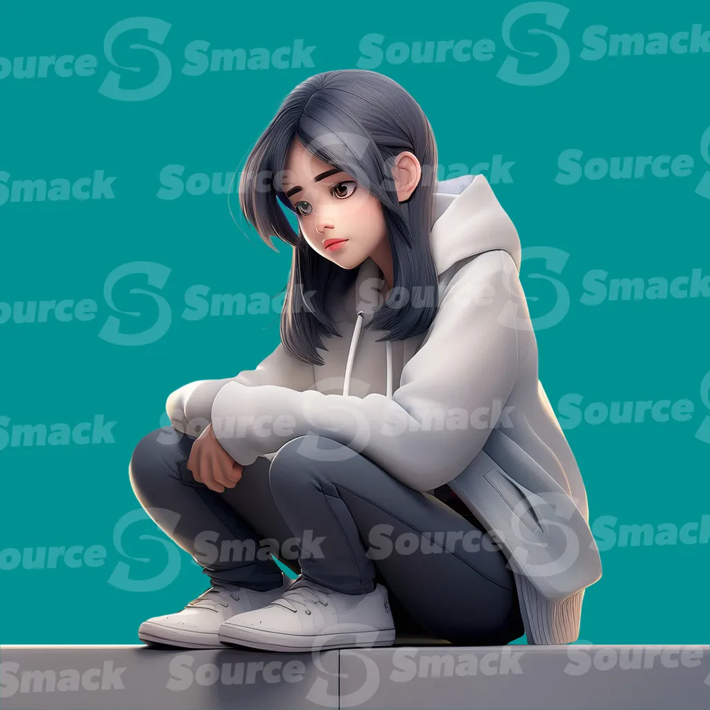 A sad young asian female teen sitting on a curb clipped as a transparent image