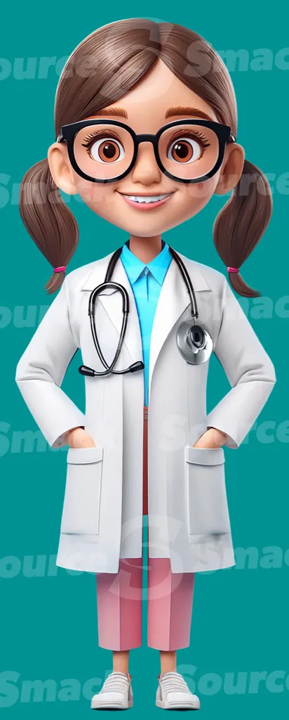 A cartoon female doctor with a stethoscope clipped as a transparent image