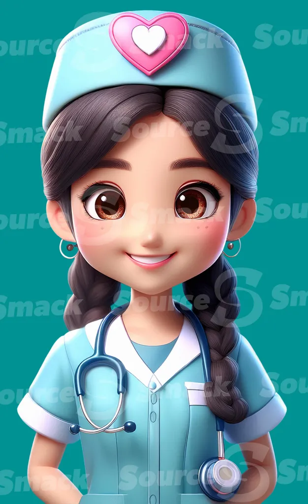 A cartoon female doctor with a stethoscope clipped as a transparent image