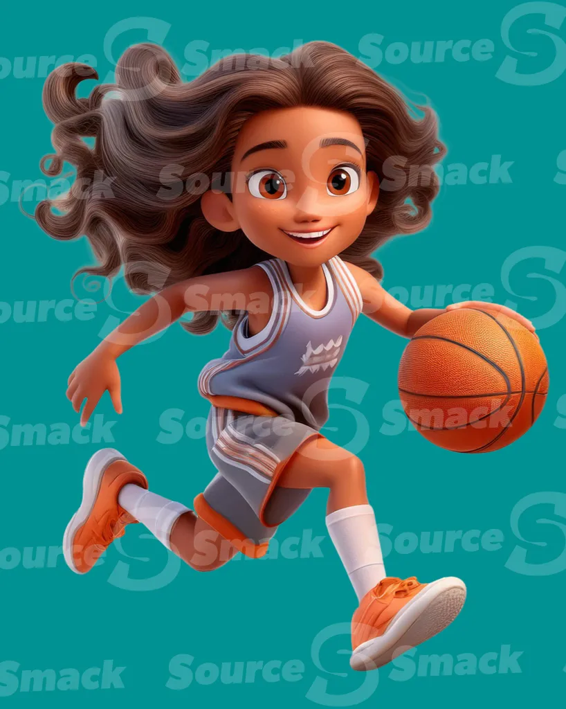 A young spanish girl running with a basketball clipped as a transparent image