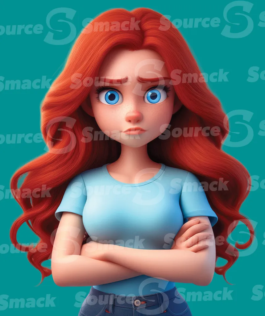 An impatient red hair girl with folded arms clipped as a transparent image